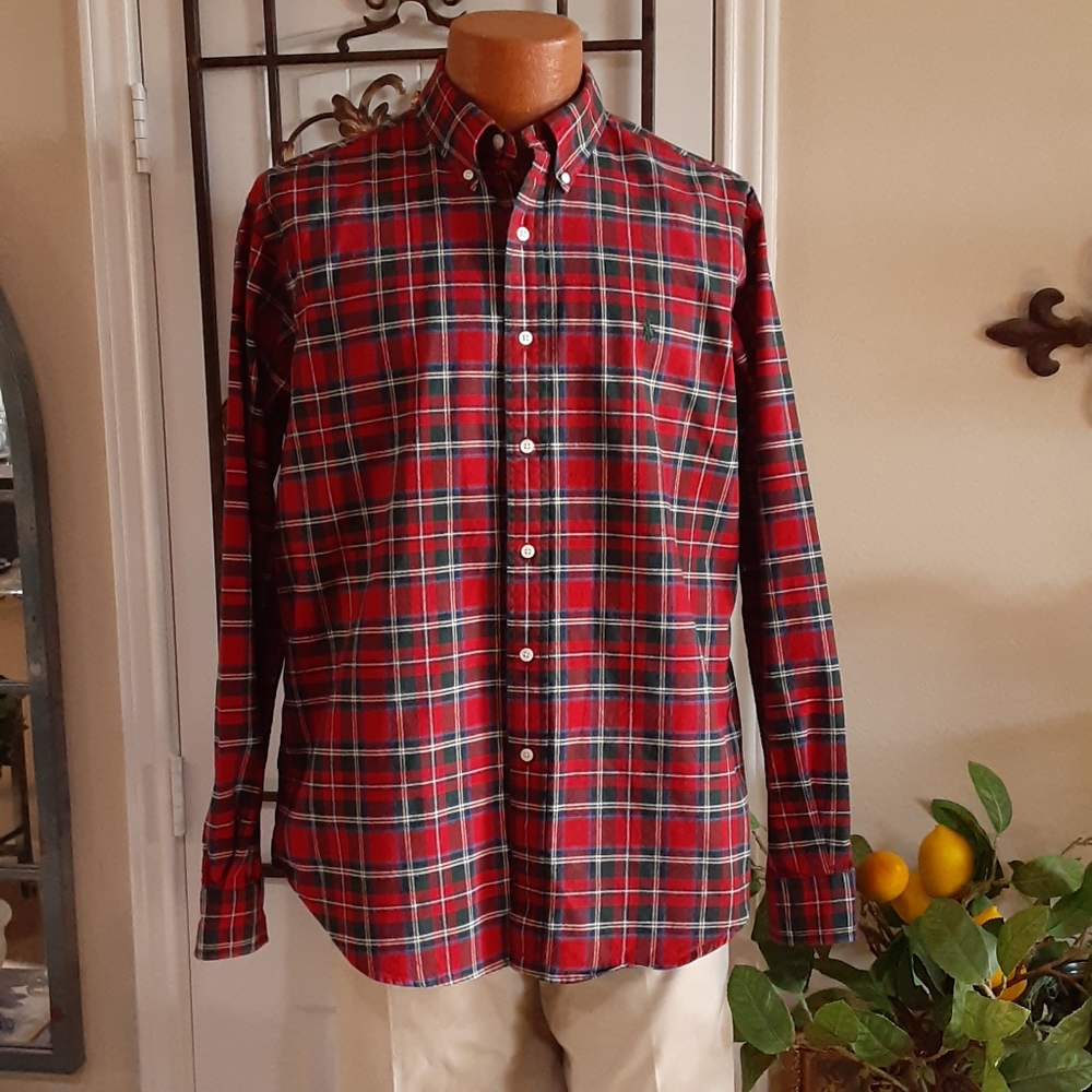 Ralph Lauren Black Label, Red & Blk Tartan LS Cotton BDC Shirt, Size Large